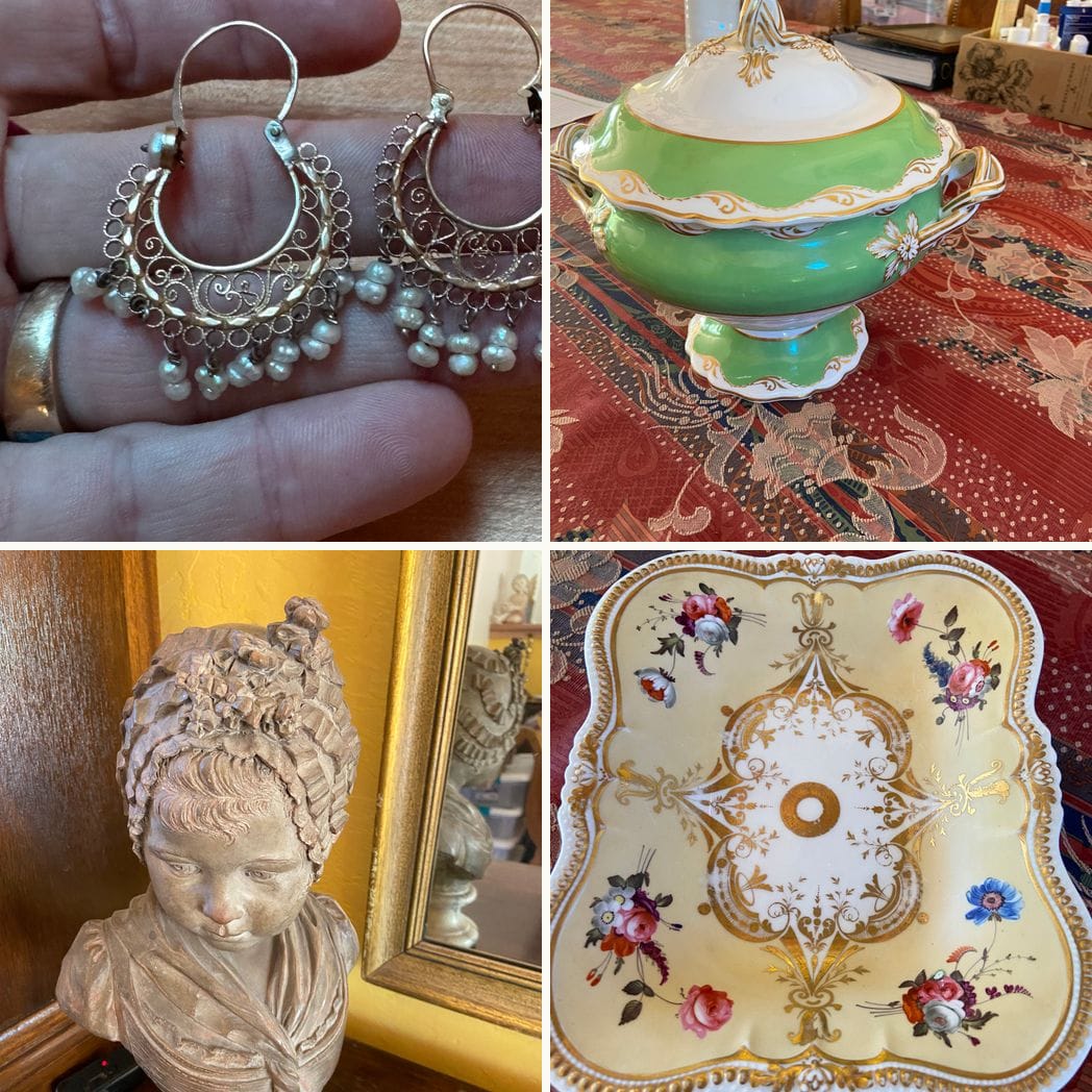 A few of her things: gold filigree earrings, a green china tureen, a marble bust and a gilded platter