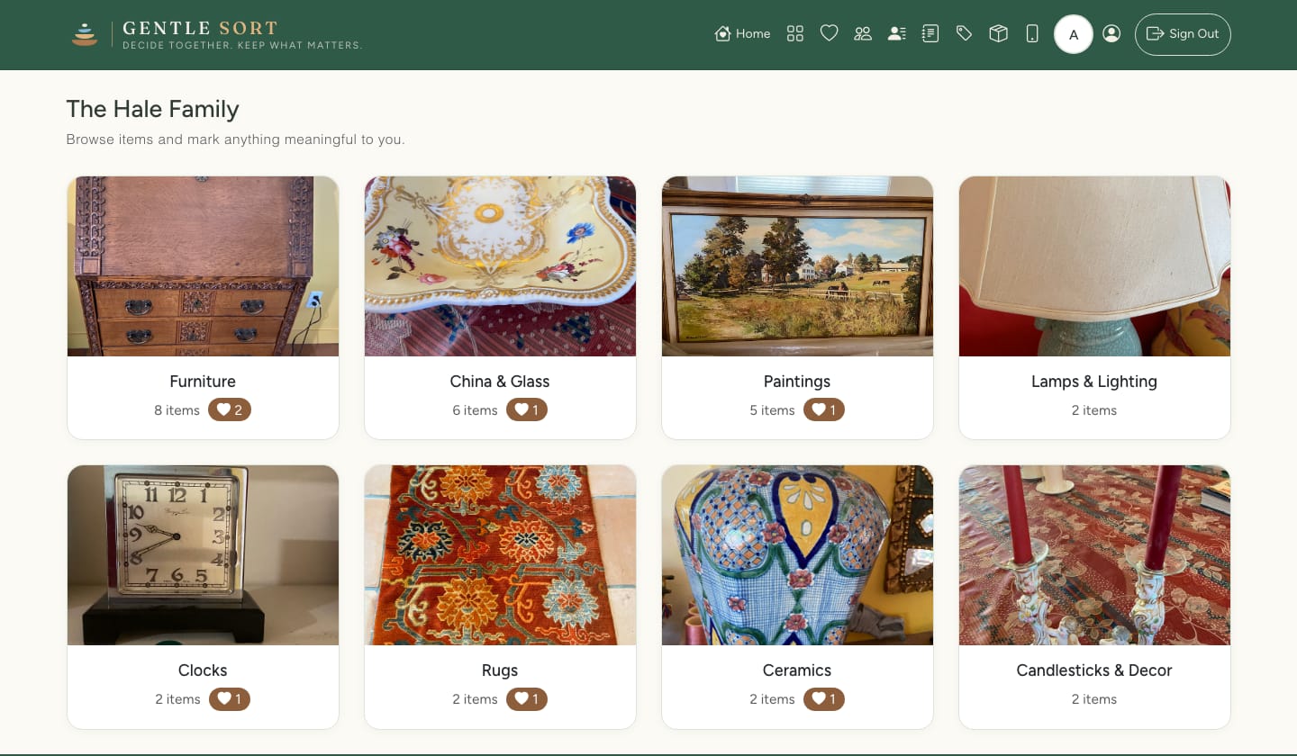 The family’s category grid with photo thumbnails (example estate)