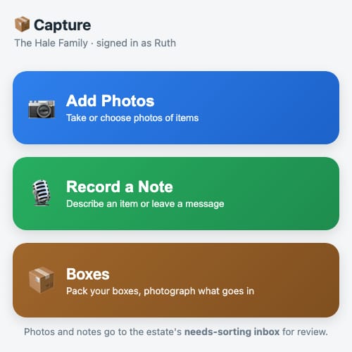 Phone capture screen for adding photos and voice notes (example estate)